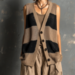 ElevenOra Chic Casual Camel-Black Colorblock V-Neck Single-Breasted Sleeveless Loose-Fit Mesh Knit Vest Top