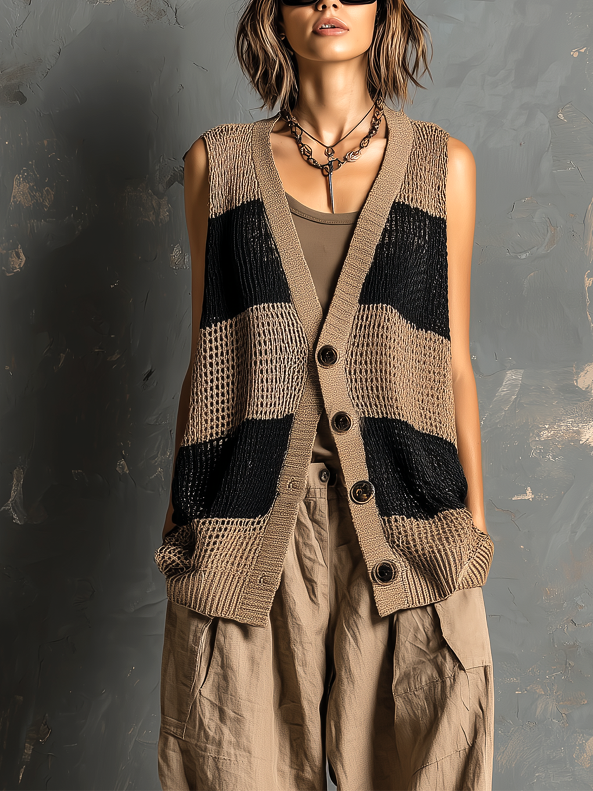 ElevenOra Chic Casual Camel-Black Colorblock V-Neck Single-Breasted Sleeveless Loose-Fit Mesh Knit Vest Top