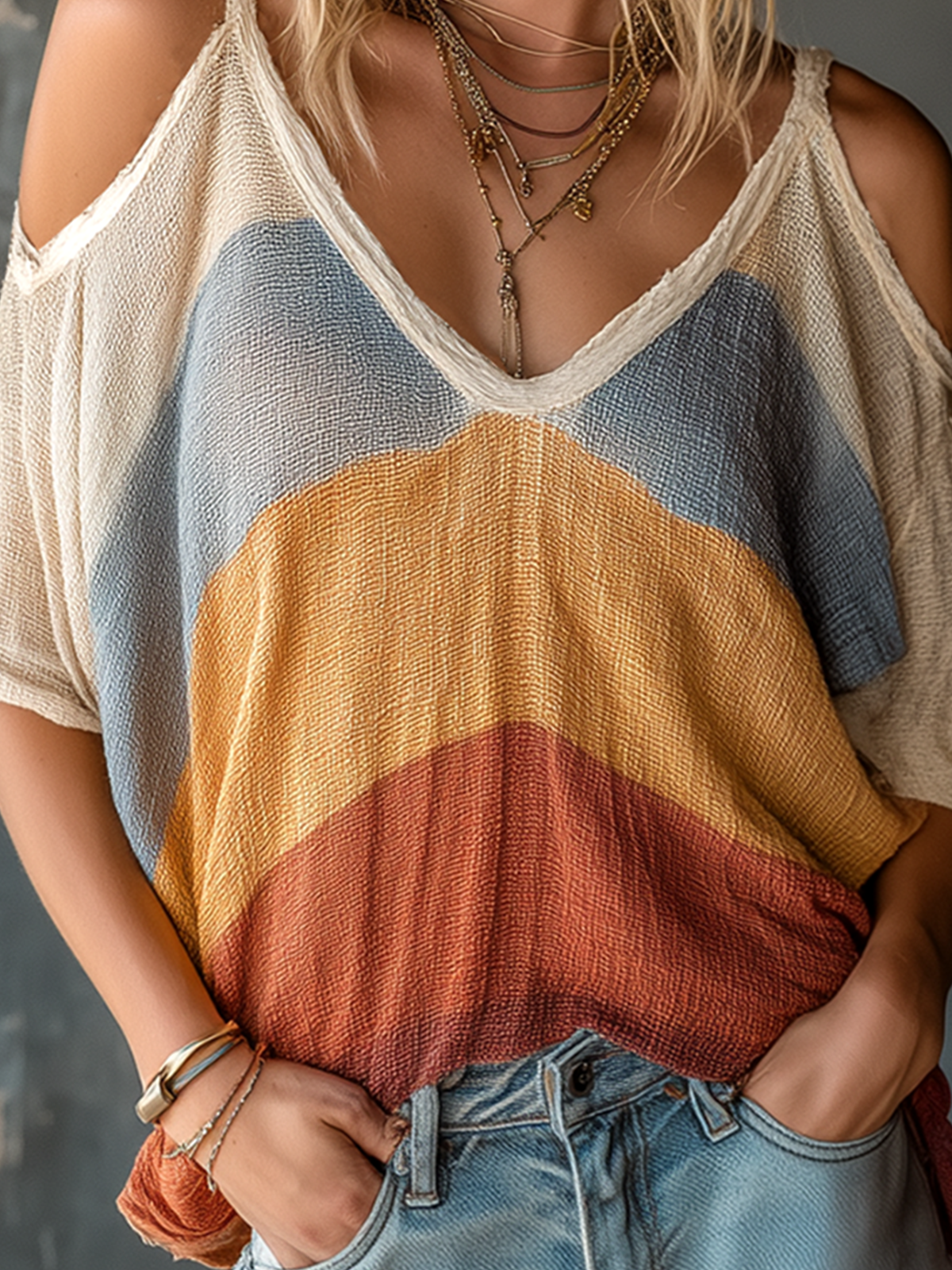 ElevenOra Chic Casual Multi-Color Stripe Cold Shoulder V-Neck Dolman Sleeve Oversize Cotton Linen Blend T-Shirt Top