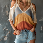 ElevenOra Chic Casual Multi-Color Stripe Cold Shoulder V-Neck Dolman Sleeve Oversize Cotton Linen Blend T-Shirt Top