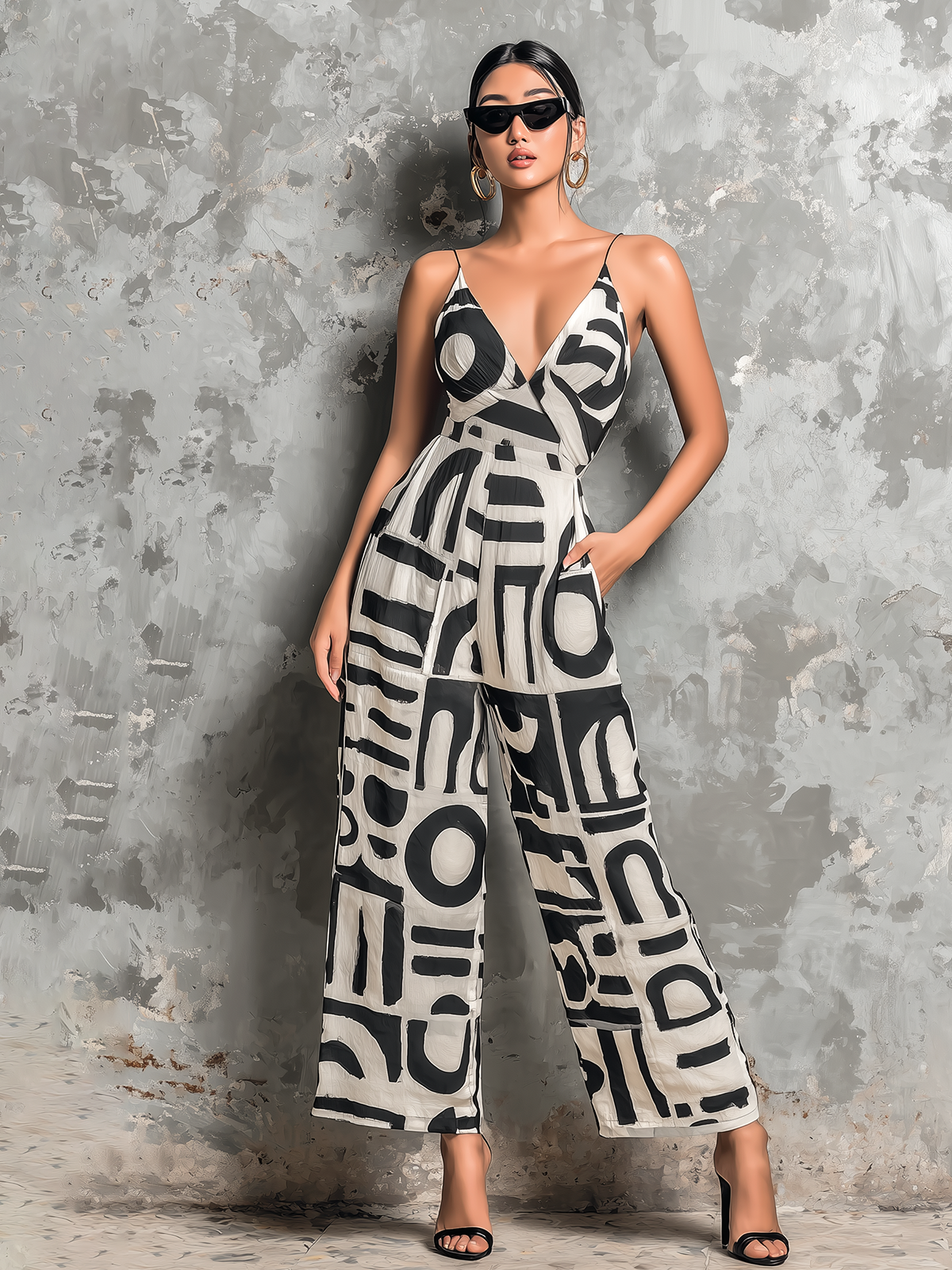 ElevenOra Chic Elegant Off White Textured Chiffon Abstract Geometric Print Spaghetti Straps V-Neck Sleeveless Tailored-Waist Loose-Fit Wide-Leg  Ankle Jumpsuit