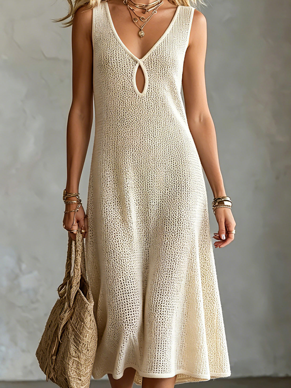 ElevenOra Chic Elegant Beige V-Neck Keyhole Cutout Detail Sleeveless Loose-Fit A-Line Mesh-Knit Midi Dress