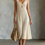 ElevenOra Chic Elegant Beige V-Neck Keyhole Cutout Detail Sleeveless Loose-Fit A-Line Mesh-Knit Midi Dress