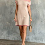 ElevenOra Chic Elegant Light Pink One-Shoulder Short-Sleeve Hot Pink Rib Trim Detail A-Line Knit Mini Dress