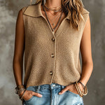 ElevenOra Chic Elegant Camel Lapel Collar Single-Breasted Sleeveless Rib Detail Mesh Knit Vest Top