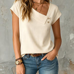 ElevenOra Chic Elegant Beige Cotton-Linen Blend Asymmetrical-Neck Cap-Sleeve Button Detail Loose-Fit Shirt
