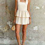 ElevenOra Chic Elegant Beige Cotton-Linen Blend Square-Neck Sleeveless Bow-Tie Detail Ruffled Hem A-Line Mini Dress