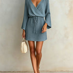 ElevenOra Chic Elegant Dark Blue Cotton-Linen Blend Wrapped V-Neck Long-Flared-Sleeve Tie-Waist A-Line Mini Dress