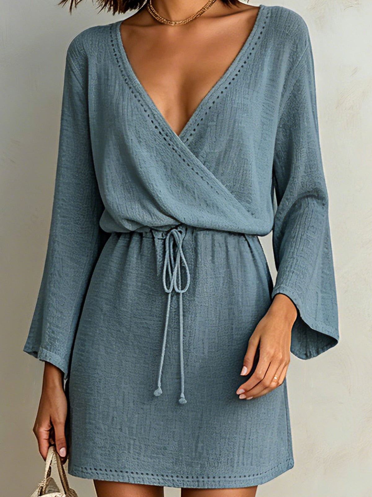 ElevenOra Chic Elegant Dark Blue Cotton-Linen Blend Wrapped V-Neck Long-Flared-Sleeve Tie-Waist A-Line Mini Dress
