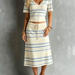 ElevenOra Chic Elegant Beige-Blue Stripes Cotton Blend V-Neck Short-Sleeve T-Shirt Drawstring Waist A-Line Midi Skirt Two-Piece Set