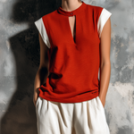 ElevenOra Chic Casual Red-White Colorblock Mandarin Stand Collar Button Keyhole Cap Sleeves Loose-Fit Slub Cotton Fabric Shirt
