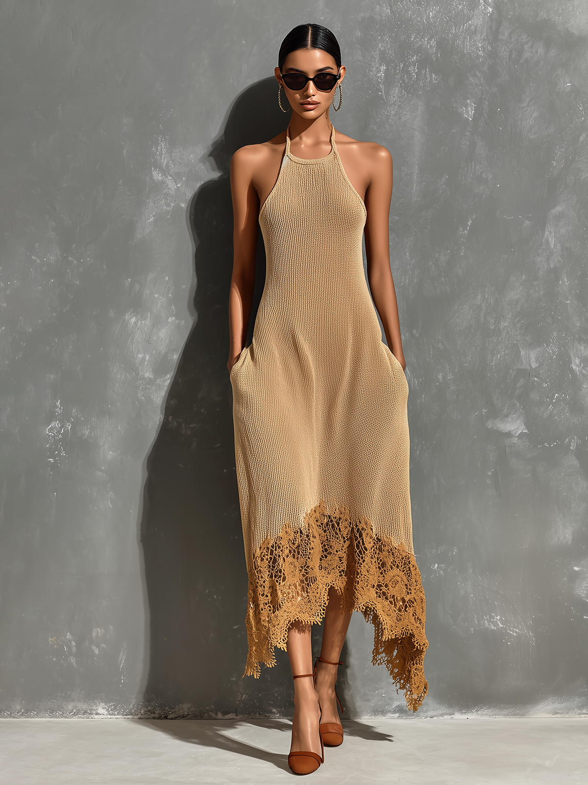 ElevenOra Chic Elegant Camel Halter Neck Asymmetrical Lace Hem  Sleeveless Loose-Fit A-Line Knit Midi Dress