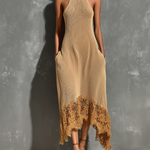 ElevenOra Chic Elegant Camel Halter Neck Asymmetrical Lace Hem  Sleeveless Loose-Fit A-Line Knit Midi Dress