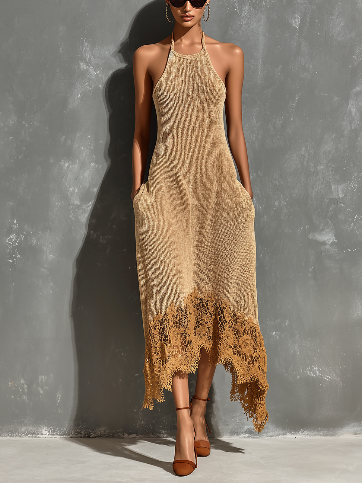 ElevenOra Chic Elegant Camel Halter Neck Asymmetrical Lace Hem  Sleeveless Loose-Fit A-Line Knit Midi Dress