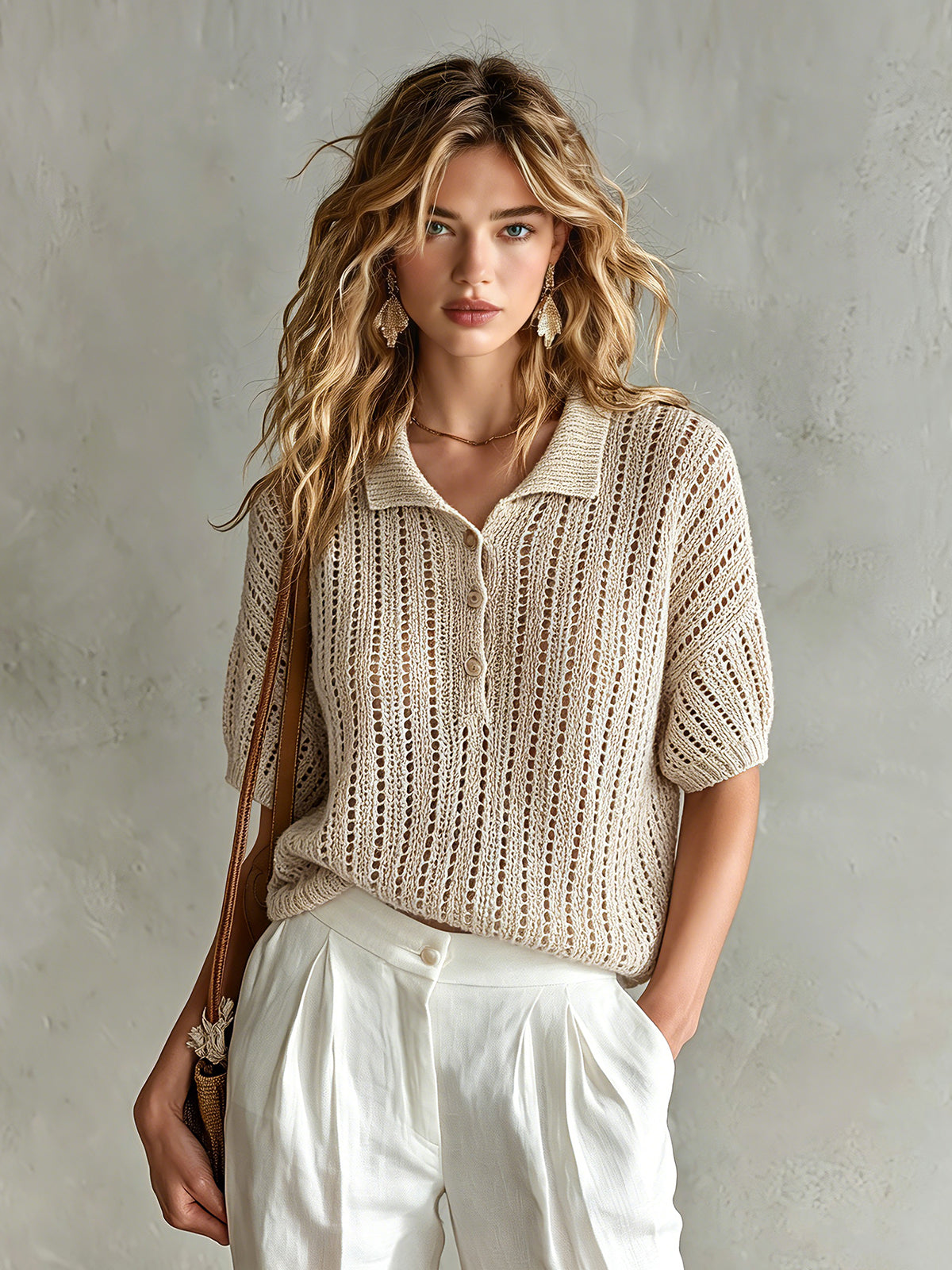 ElevenOra Chic Elegant Beige Button-Up Lapel-Collar Short-Sleeve Loose-Fit Hollow-Out Mesh Knit Sweater Top