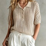 ElevenOra Chic Elegant Beige Button-Up Lapel-Collar Short-Sleeve Loose-Fit Hollow-Out Mesh Knit Sweater Top