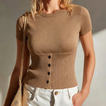 ElevenOra Chic Elegant Camel Round-Neck Short-Sleeve Button-Front Slim-Fit Ribbed Knit Sweater Top