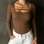 ElevenOra Chic Elegant Brown Square-Neck Long-Sleeve Strap Detail Slim-Fit Ribbed Knit Sweater Top