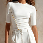 ElevenOra Chic Elegant Cream White Cotton Round-Neck Short-Sleeve Pleats Detail Button-Front Slim-Fit T-Shirt