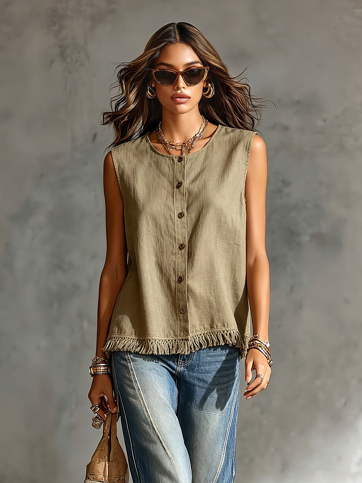 ElevenOra Chic Elegant Army Green Cotton-Linen Blend Round-Neck Single-Breasted Sleeveless Fringe Detail Loose-Fit Shirt