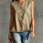 ElevenOra Chic Elegant Army Green Cotton-Linen Blend Round-Neck Single-Breasted Sleeveless Fringe Detail Loose-Fit Shirt