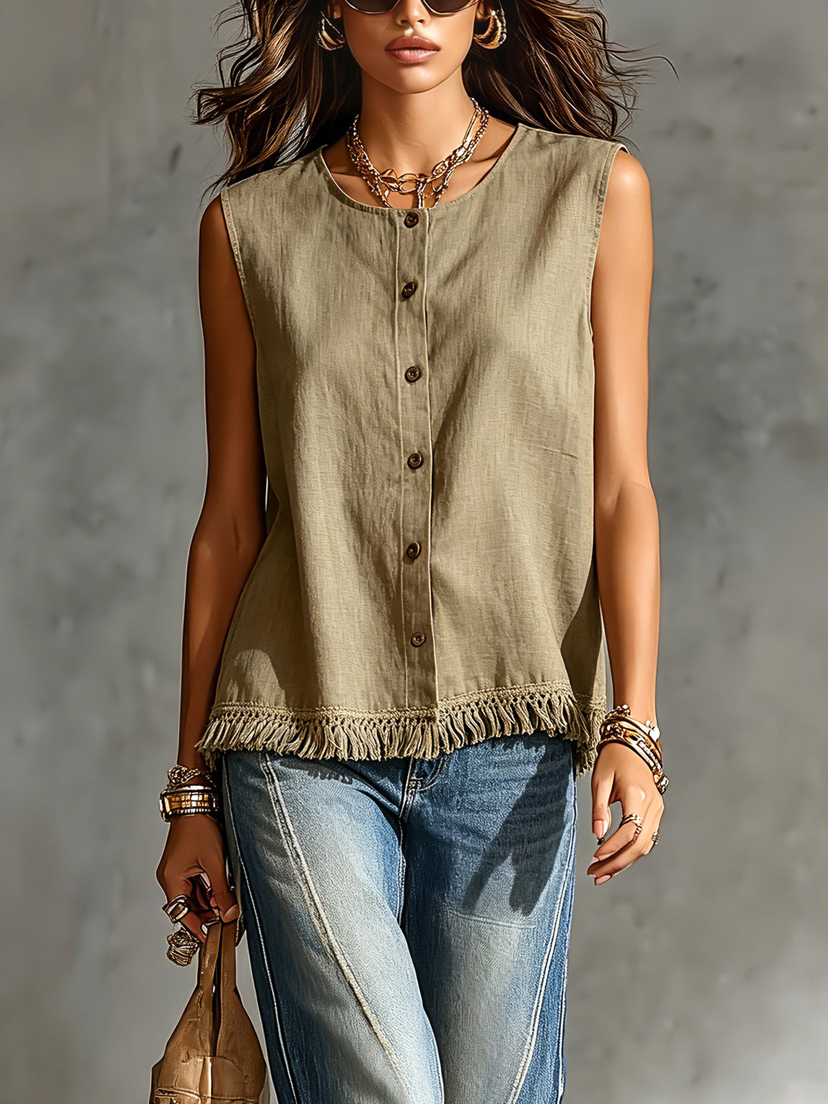 ElevenOra Chic Elegant Army Green Cotton-Linen Blend Round-Neck Single-Breasted Sleeveless Fringe Detail Loose-Fit Shirt