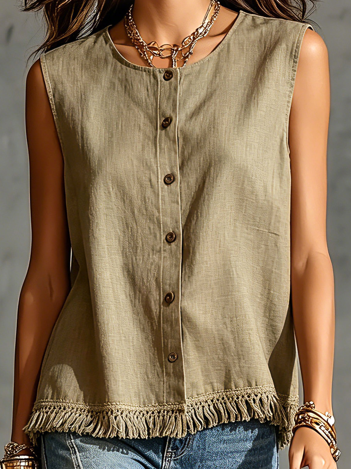ElevenOra Chic Elegant Army Green Cotton-Linen Blend Round-Neck Single-Breasted Sleeveless Fringe Detail Loose-Fit Shirt