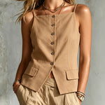 ElevenOra Chic Elegant Camel Cotton-Linen Blend Spaghetti Straps Single-Breasted Sleeveless Slim-Fit Vest Top