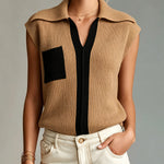 ElevenOra Chic Elegant Camel-Black Colorblock Lapel V-Neck Sleeveless Loose-Fit Ribbed Knit Vest Top