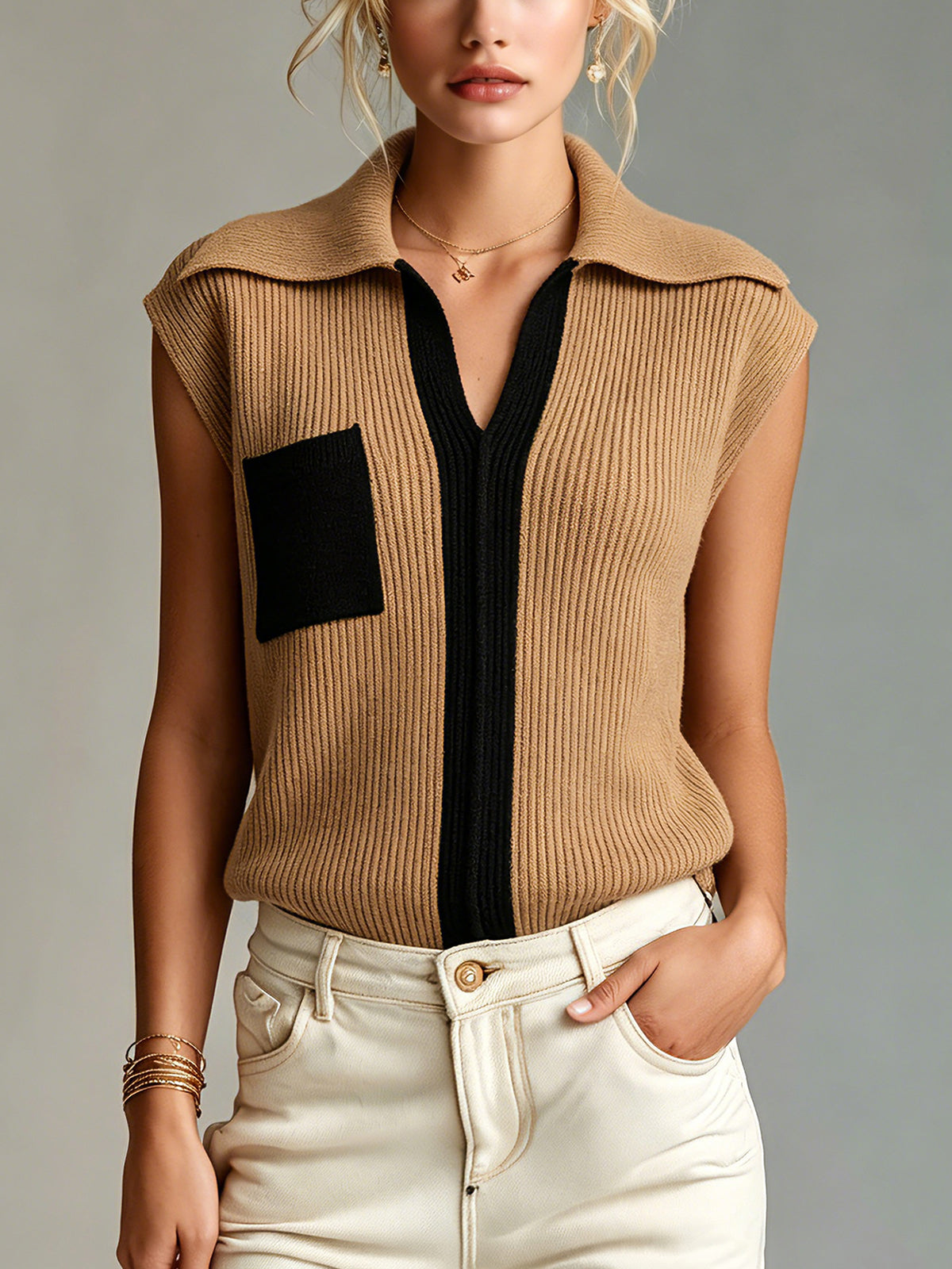ElevenOra Chic Elegant Camel-Black Colorblock Lapel V-Neck Sleeveless Loose-Fit Ribbed Knit Vest Top