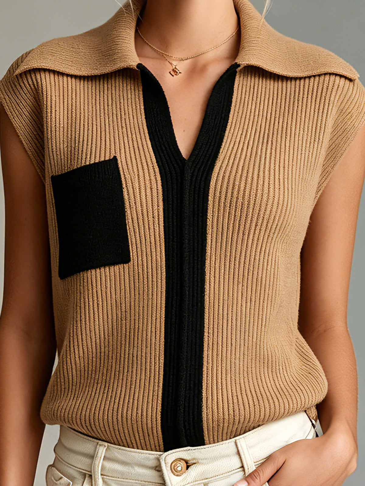 ElevenOra Chic Elegant Camel-Black Colorblock Lapel V-Neck Sleeveless Loose-Fit Ribbed Knit Vest Top