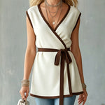 ElevenOra Chic Elegant Cream White Wrapped V-Neck Sleeveless Tie-Waist Loose-Fit Contrast Trim Knit Vest Top