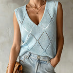 ElevenOra Chic Elegant Light Blue Argyle Pattern Jacquard V-Neck Sleeveless Loose-Fit Knit Vest Top