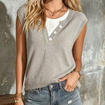 ElevenOra Chic Elegant Gray-White Colorblock Round V-Neck Button-Front Sleeveless Loose-Fit Knit Vest Top