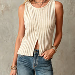ElevenOra Chic Elegant Beige Round-Neck Sleeveless Cross-Front Slit Detail Loose-Fit Ribbed Knit Vest Top