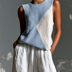 ElevenOra Chic Casual Blue-White Colorblock Round-Neck Sleeveless Loose-Fit Knit Vest Top