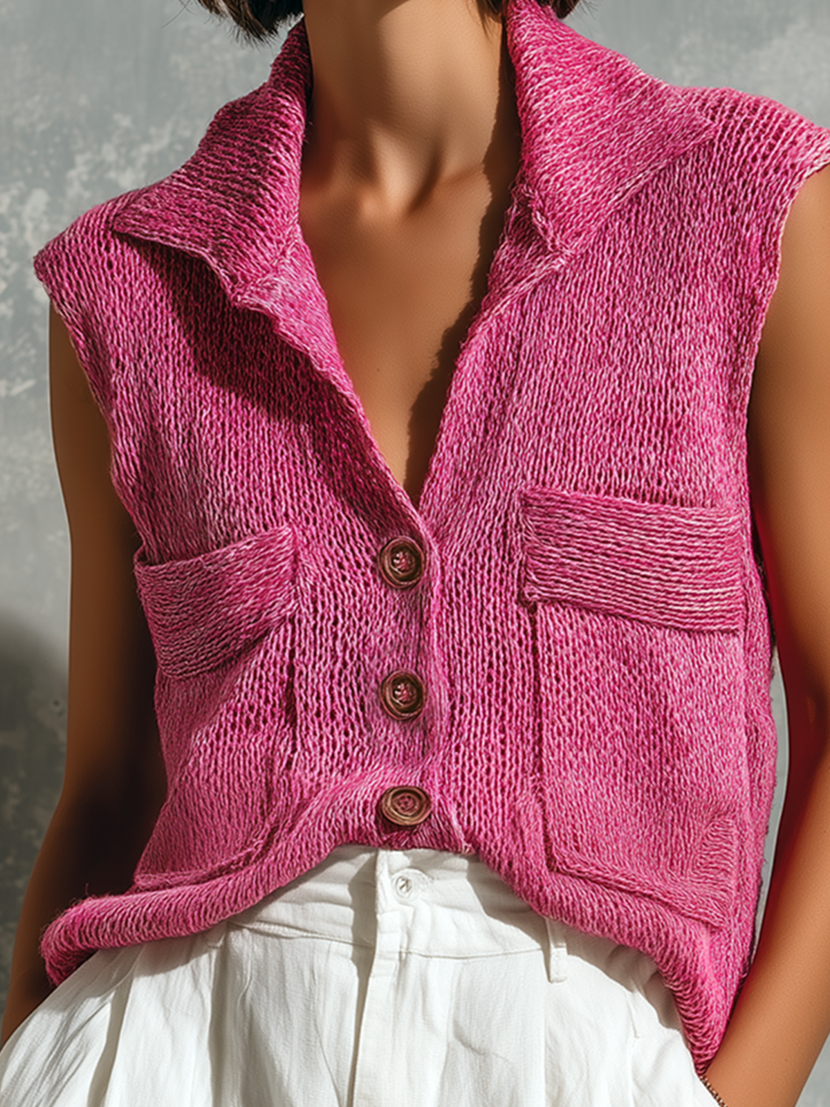 ElevenOra Chic Casual Hot Pink Lapel Collar Single-Breasted Patch Pockets Sleeveless Loose-Fit Knit Vest Top