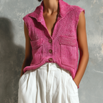 ElevenOra Chic Casual Hot Pink Lapel Collar Single-Breasted Patch Pockets Sleeveless Loose-Fit Knit Vest Top