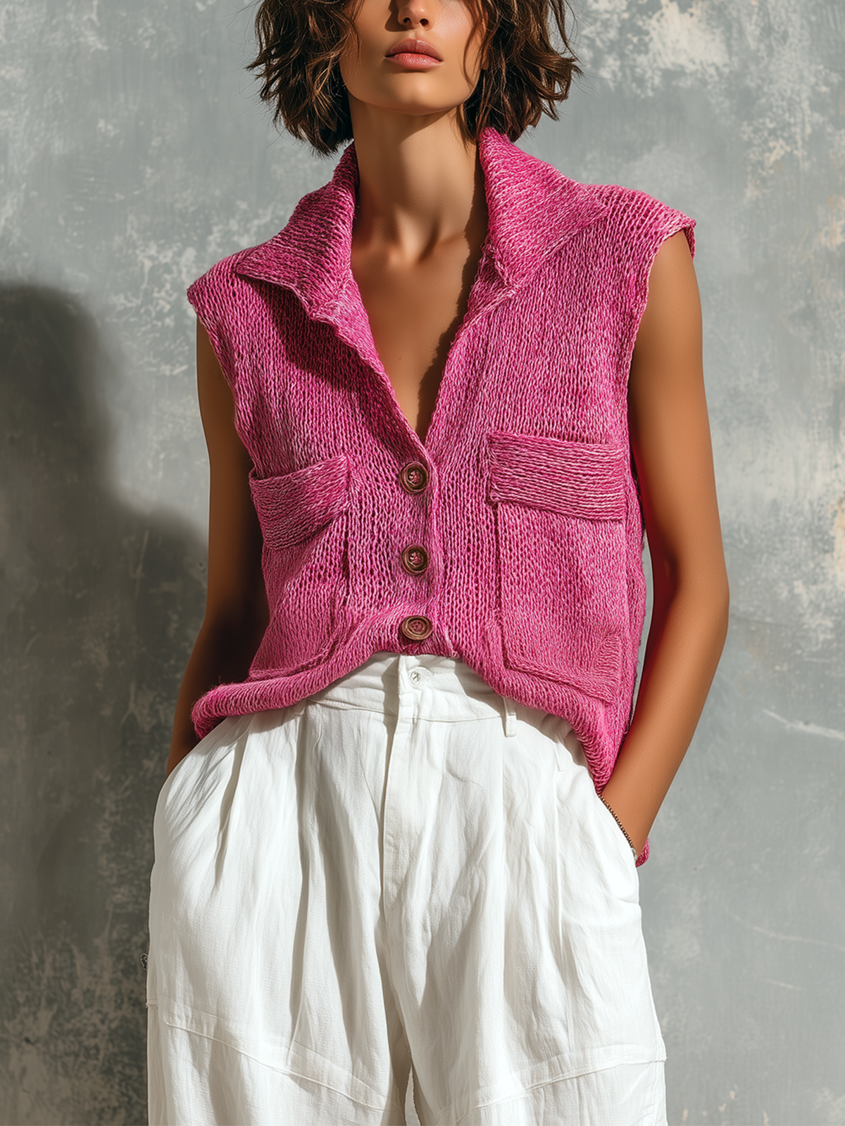 ElevenOra Chic Casual Hot Pink Lapel Collar Single-Breasted Patch Pockets Sleeveless Loose-Fit Knit Vest Top