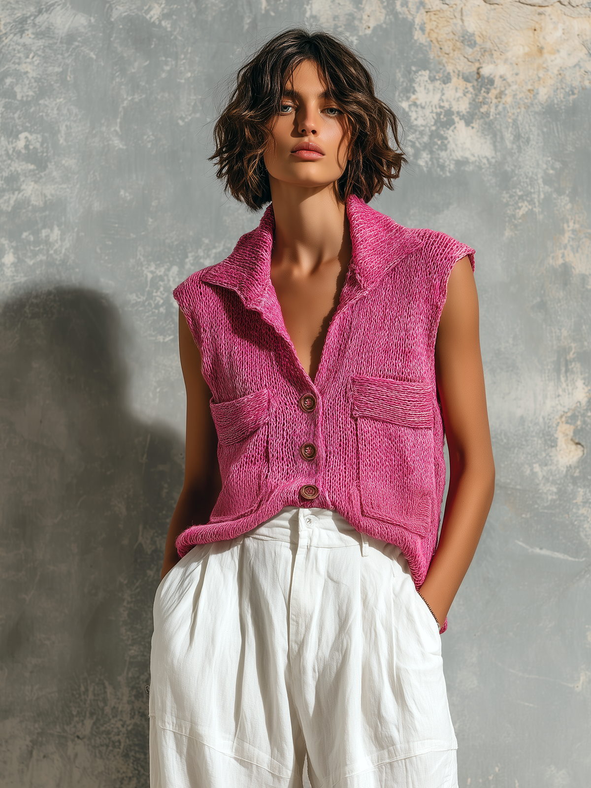 ElevenOra Chic Casual Hot Pink Lapel Collar Single-Breasted Patch Pockets Sleeveless Loose-Fit Knit Vest Top