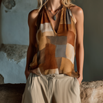 ElevenOra Chic Casual Camel Geometric Colorblock Print V-Neck Sleeveless Loose-Fit Cotton Fabric Vest Top