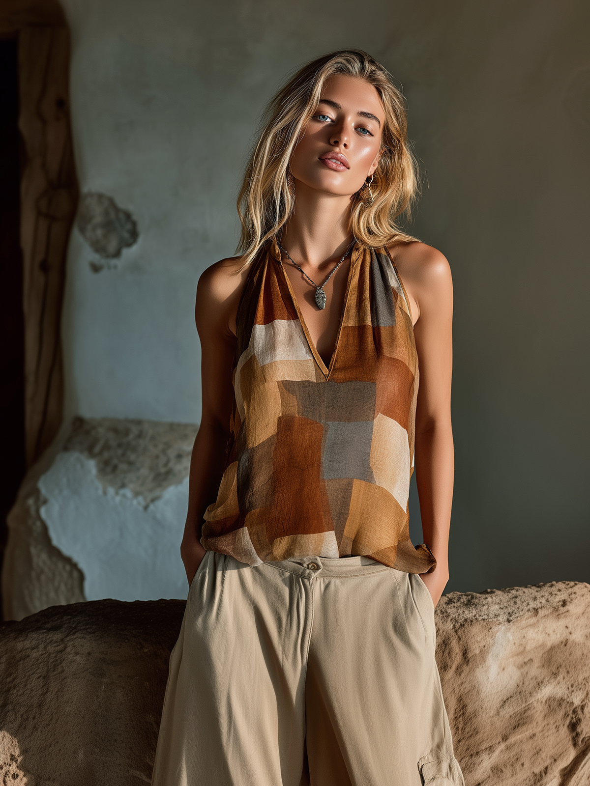 ElevenOra Chic Casual Camel Geometric Colorblock Print V-Neck Sleeveless Loose-Fit Cotton Fabric Vest Top