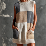 ElevenOra Chic Elegant White-Camel-Gray Colorblock Round-Neck Patch Pockets Sleeveless Loose-Fit Knit Mini Dress