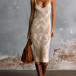 ElevenOra Chic Elegant Off-White Spaghetti Strap V-Neck Diamond Hollow-Out Detail Sleeveless Slim-Fit Knit Midi Dress