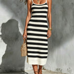 ElevenOra Chic Elegant Black-White Colorblock Stripes Spaghetti Straps Sleeveless Slim-Fit Knit Midi Dress