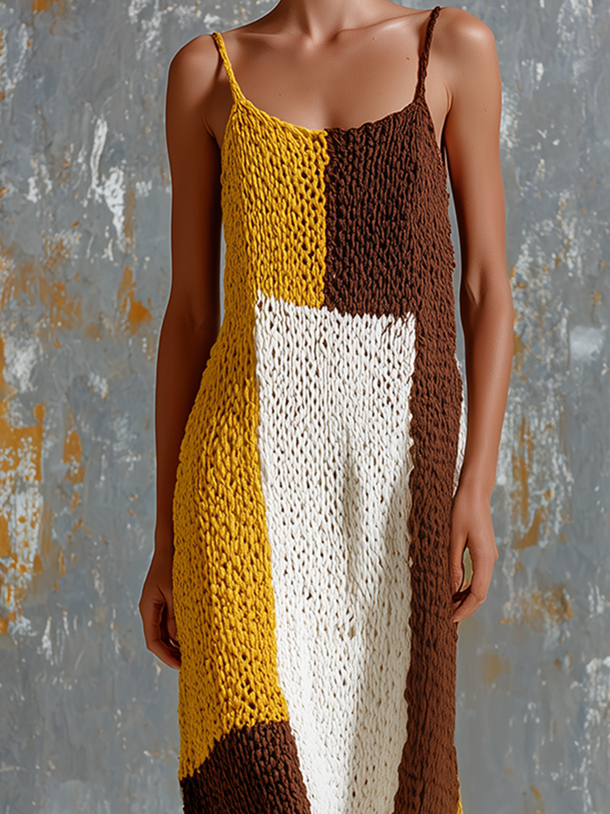 ElevenOra Chic Elegant White-Mustard Yellow-Brown Colorblock Spaghetti Strap Sleeveless Loose-Fit Knit Maxi Dress