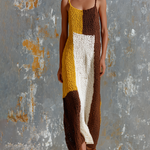 ElevenOra Chic Elegant White-Mustard Yellow-Brown Colorblock Spaghetti Strap Sleeveless Loose-Fit Knit Maxi Dress