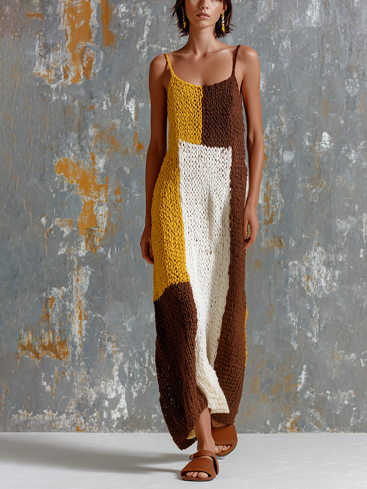 ElevenOra Chic Elegant White-Mustard Yellow-Brown Colorblock Spaghetti Strap Sleeveless Loose-Fit Knit Maxi Dress