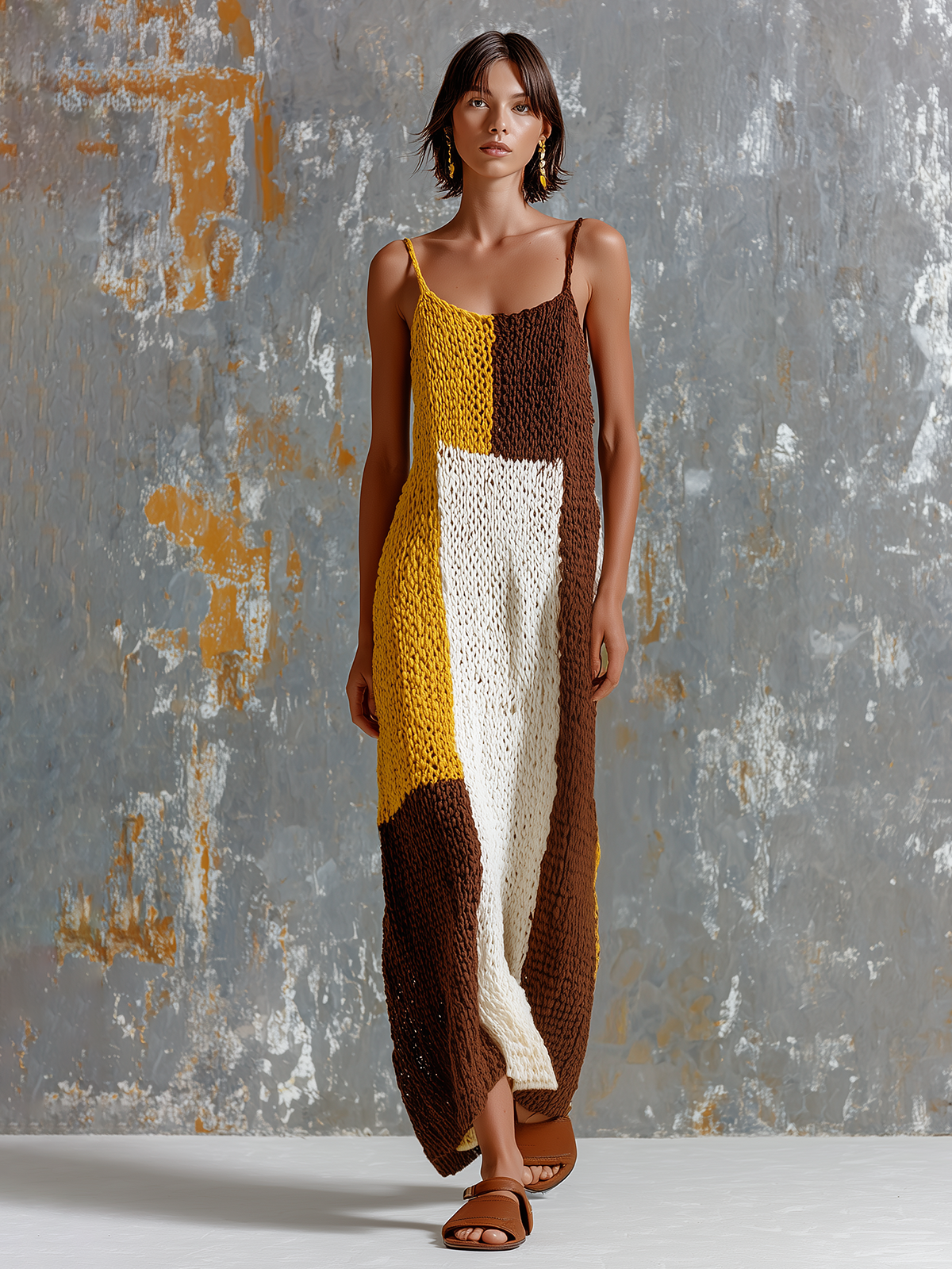 ElevenOra Chic Elegant White-Mustard Yellow-Brown Colorblock Spaghetti Strap Sleeveless Loose-Fit Knit Maxi Dress