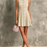ElevenOra Chic Elegant Beige-Camel Pinstripes Square-Neck Sleeveless Single-Breasted Slim-Fit Knit Mini Dress